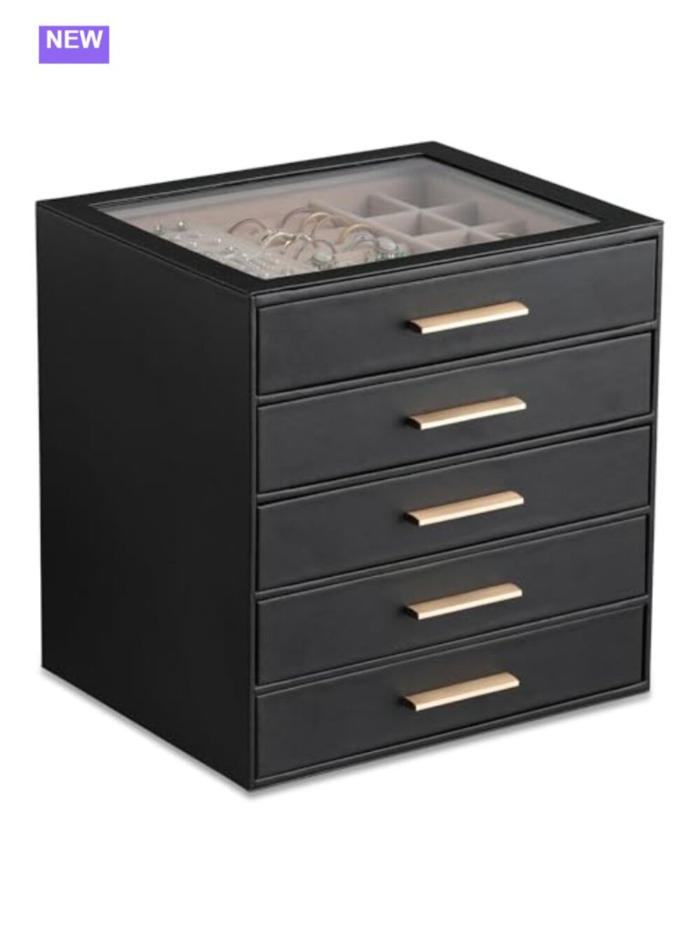 5-Drawer Clear Lid Jewelry Organizer PU Leather & MDF Box